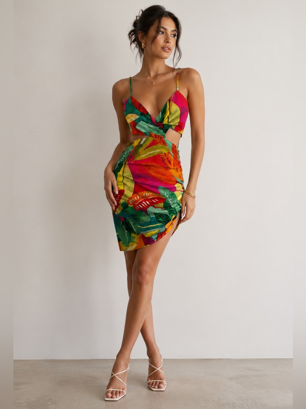 Zara XS Tropical Linen Blend Cutout Mini Dress Set Bright Multicolor Summer